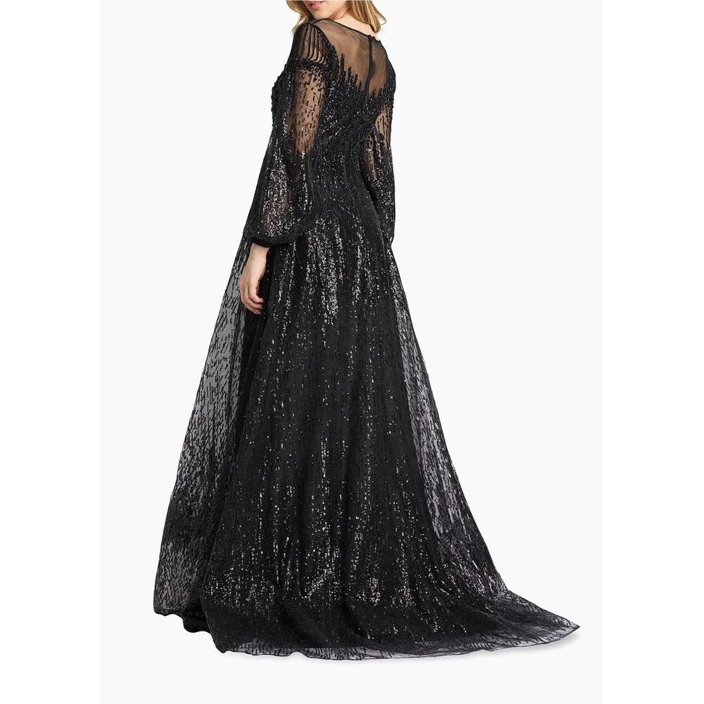 New Mac Duggal Jewel Encrusted Illusion Long Sleeve A Line Gown In Black Sz 16 - Picture 2 of 10
